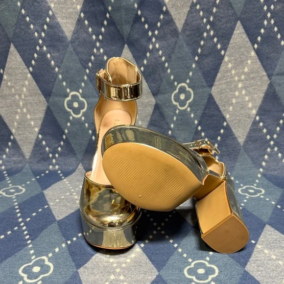 Women's Shiny Gold Ankle-Strap Platform Heels - Picture 5 of 5